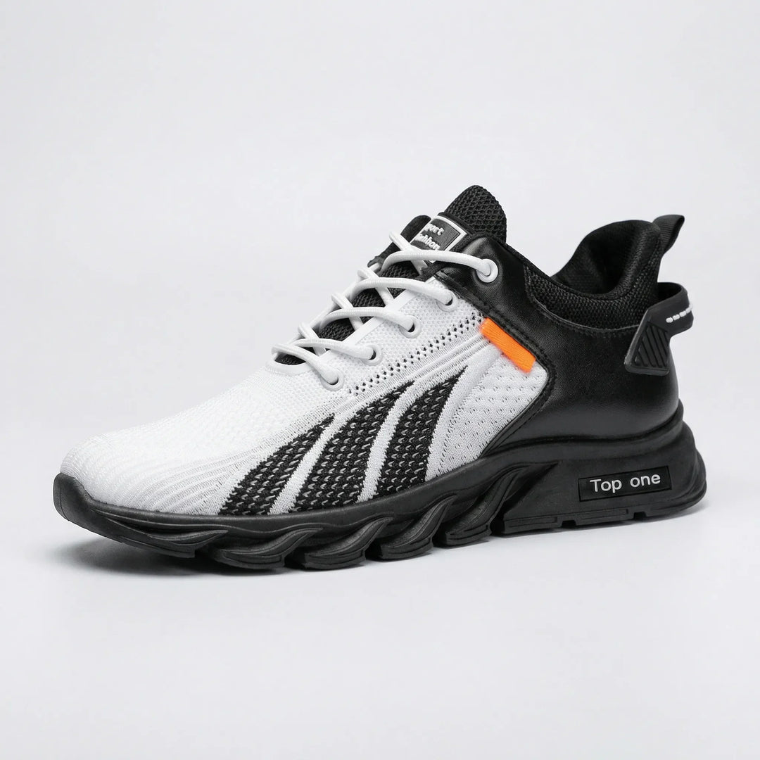 Lightweight men's athletic running shoes with breathable mesh upper, flexible sole & cushioned support for training.