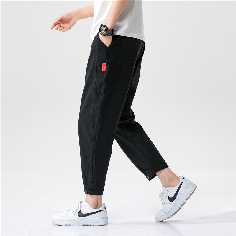 Comfortable black men's linen blend relaxed trousers, a breathable casual pant for warm weather.