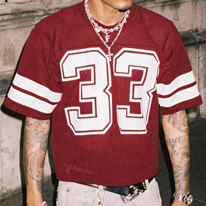 Varsity style men's breathable mesh football jersey, relaxed fit, a staple for athletic streetwear.