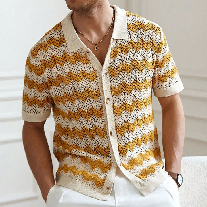 Men's breathable open knit polo shirt for summer. Relaxed fit, short sleeve, perfect for warm weather casual style.