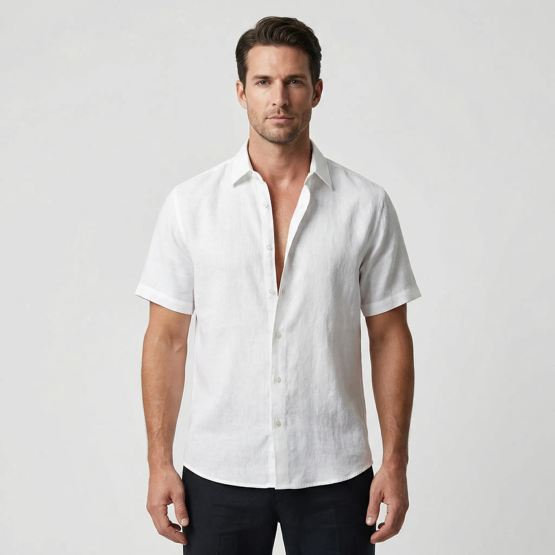 Casual men's short-sleeve shirt, featuring a breezy button-up design for summer vacation style.