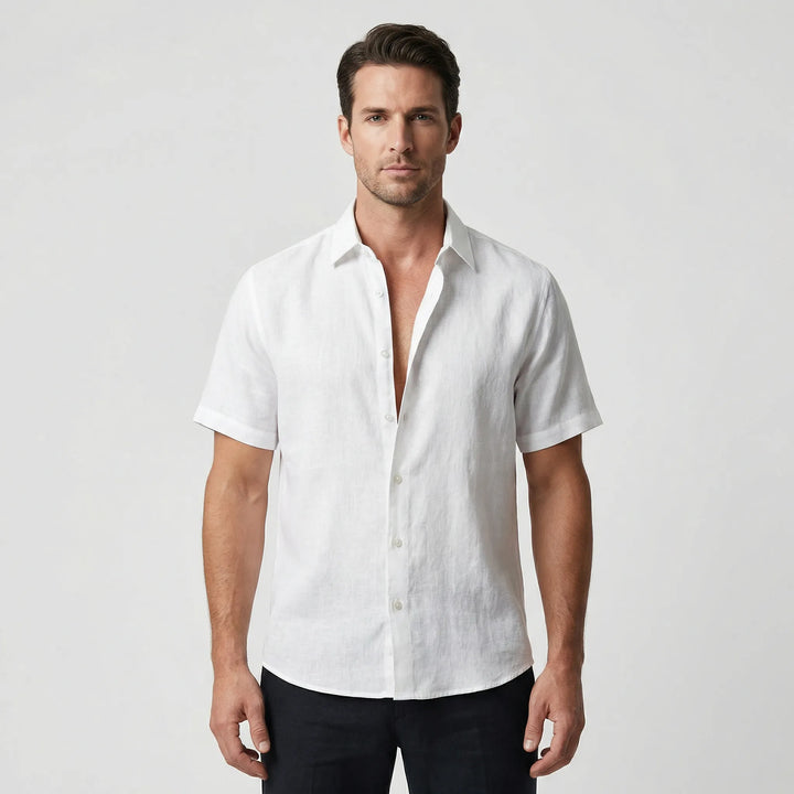 Casual men's short-sleeve shirt, featuring a breezy button-up design for summer vacation style.