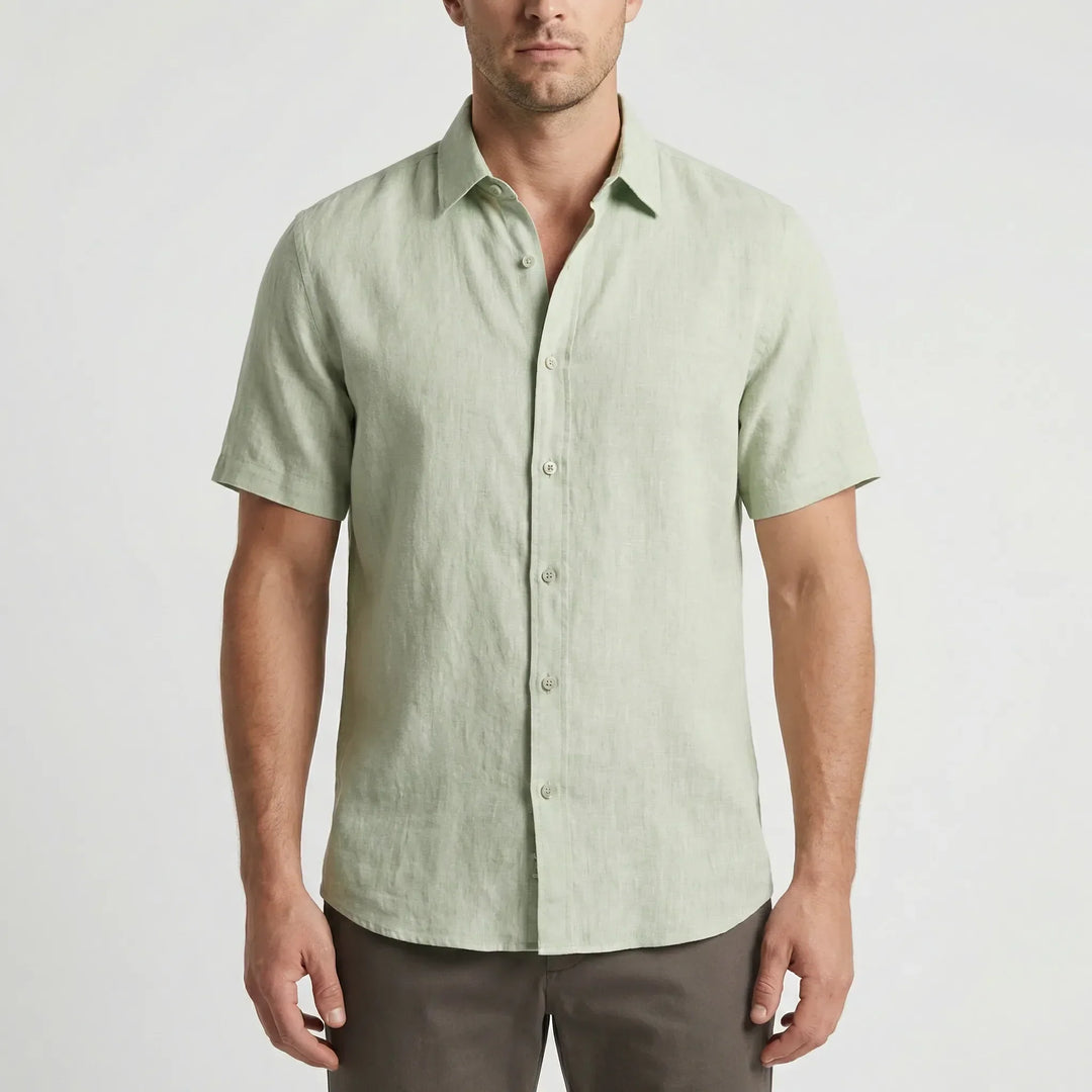 Comfortable men's casual button-up shirt for summer, featuring a breezy short-sleeve design.