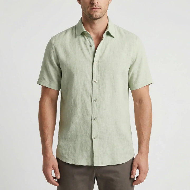 Comfortable men's casual button-up shirt for summer, featuring a breezy short-sleeve design.
