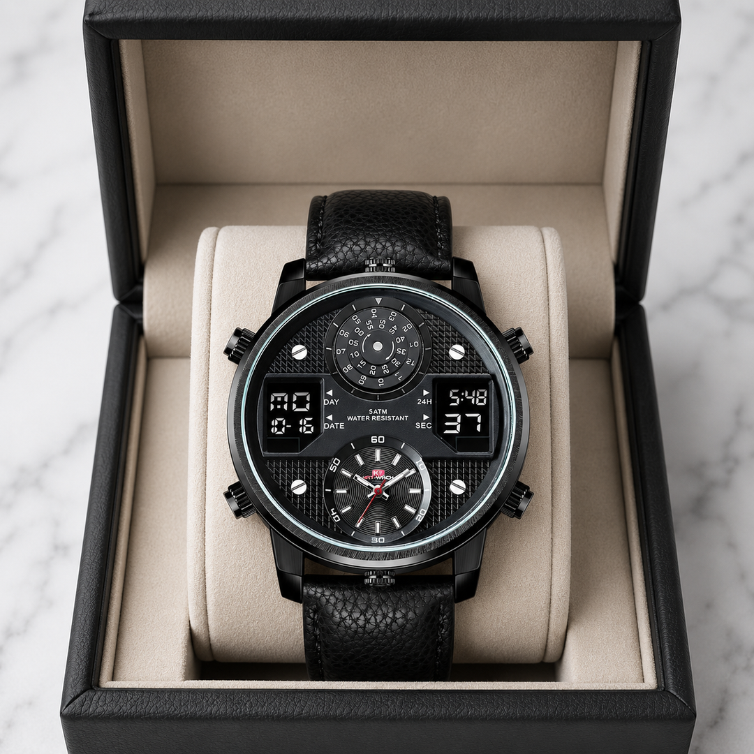 Blue dial Brenton men's multifunction stainless steel watch, durable, water resistant.