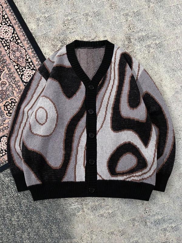 Unique men's abstract pattern button-front cardigan in knitwear. Perfect stylish statement piece.