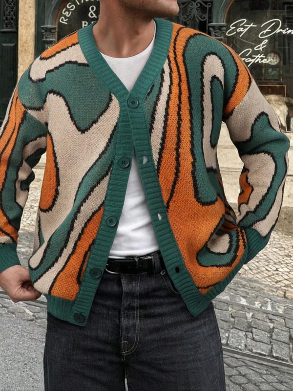 Stylish men's knit cardigan featuring a bold abstract design. Brown, black & green button-front style.