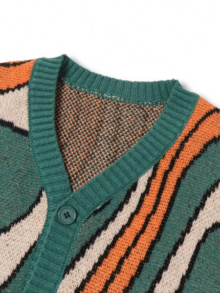 Brown, black & green abstract knit cardigan for men. Fashionable button-front, ideal as a unique statement.