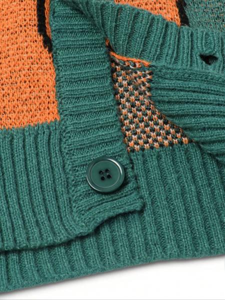 Versatile men's button-front knit cardigan. Features a stylish abstract pattern in brown, black & green.