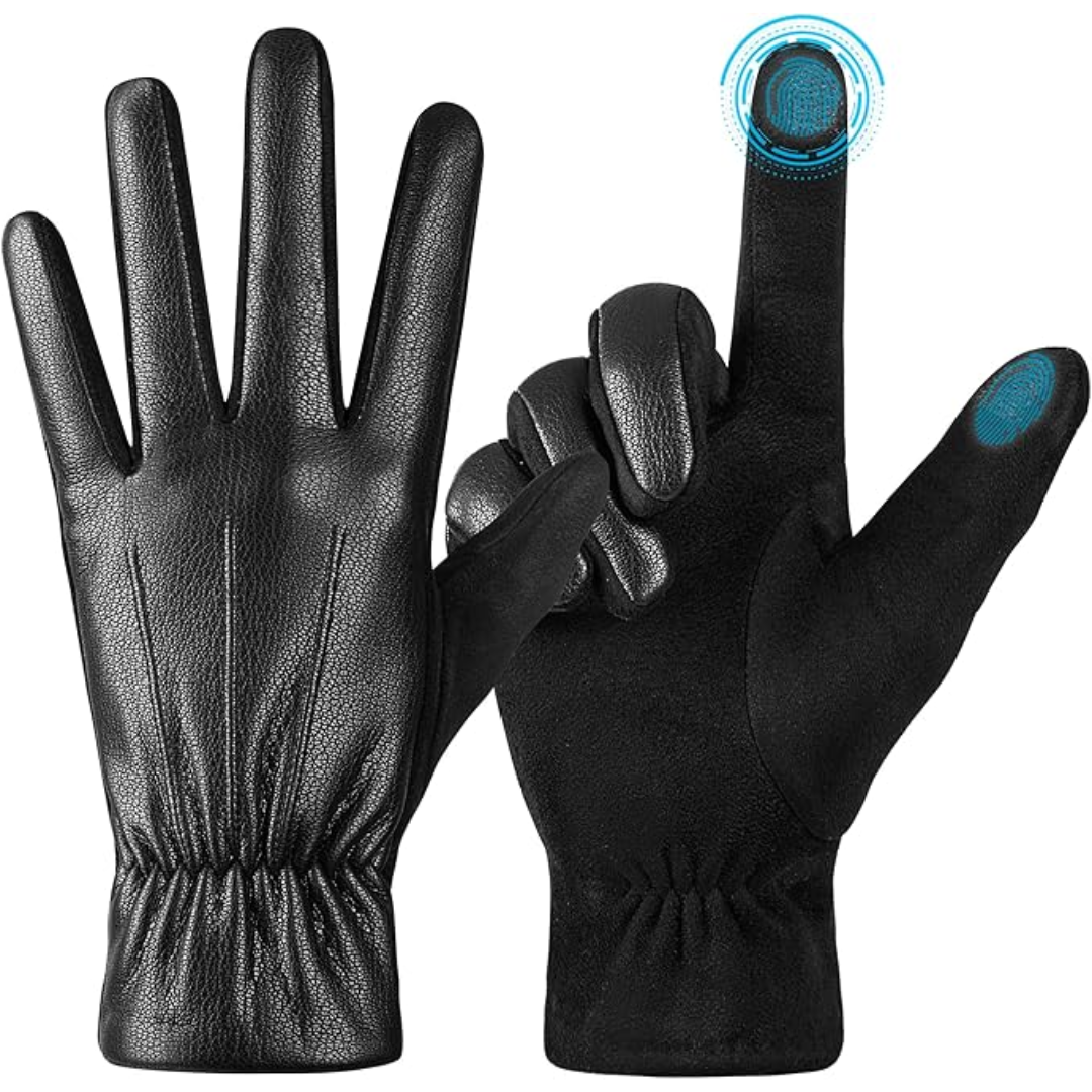 Warm, windproof men's suede winter gloves with touchscreen capability for cold weather activities.