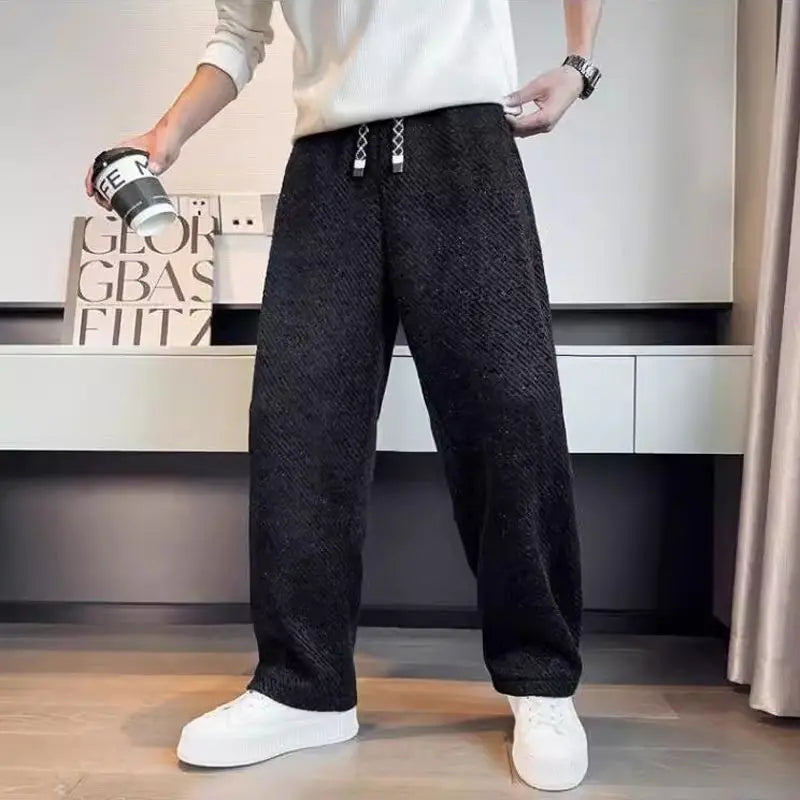 Versatile men's brushed tapered knit pants, cotton blend, drawstring, suitable for casual comfort & everyday wear.