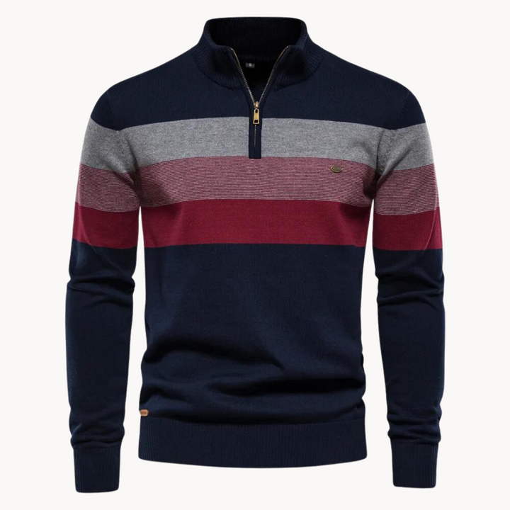 Men's Burk striped quarter zip sweater. Casual long-sleeve pullover, perfect for fall layering.