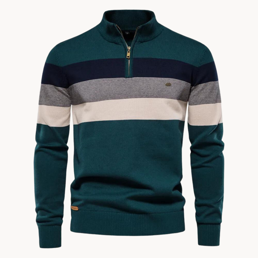 Smart casual men's striped quarter zip pullover sweater for fall fashion and everyday wear.