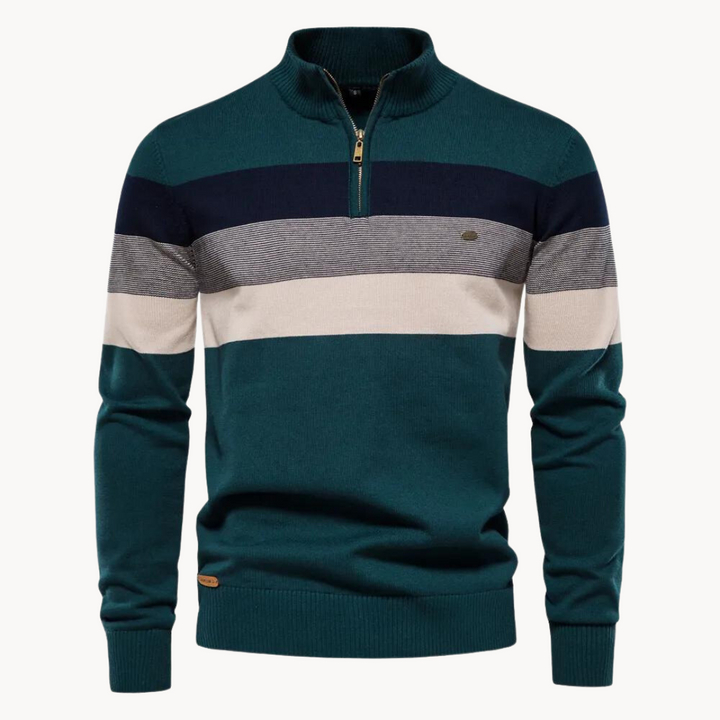 Smart casual men's striped quarter zip pullover sweater for fall fashion and everyday wear.