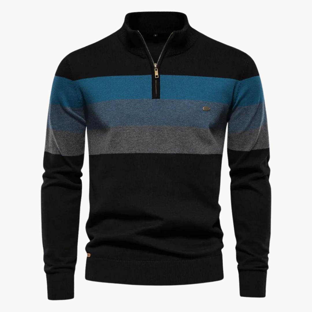 Classic striped long-sleeve quarter zip sweater. A versatile men's pullover for smart casual layering.