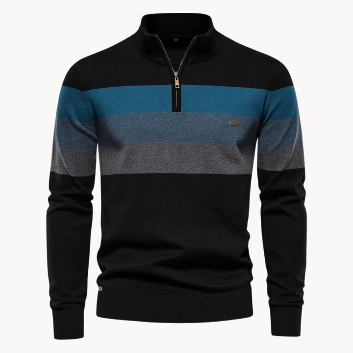 Classic striped long-sleeve quarter zip sweater. A versatile men's pullover for smart casual layering.