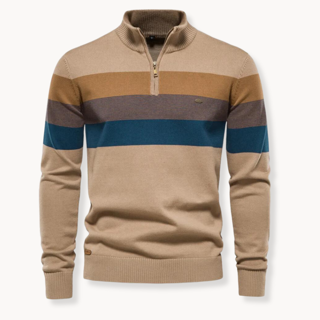 Burk men's striped quarter zip sweater. Cozy long-sleeve pullover, ideal for casual & smart casual style.