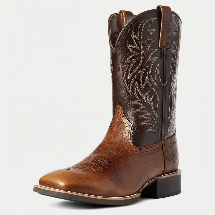 Stylish men's calf-length western boots. Embroidered cowboy boots with a comfortable block heel, perfect rugged casual footwear.