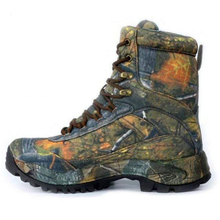 Lace-up men's camo boots, designed for hiking and hunting, offering comfort and durability