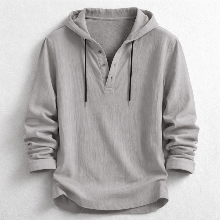 Casual men's Carter relaxed fit long sleeve henley hoodie shirt. Comfortable and stylish for everyday wear.