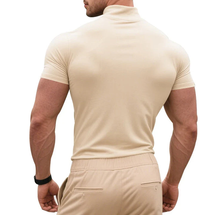 Stylish slim fit men's tee, short sleeve, modern style. Versatile casual wear, wardrobe essential.