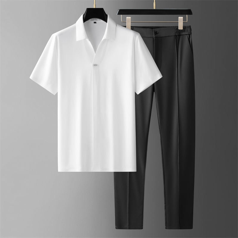 Black men's two-piece casual business set. Versatile & comfortable shirt and pants for modern men's outfits.