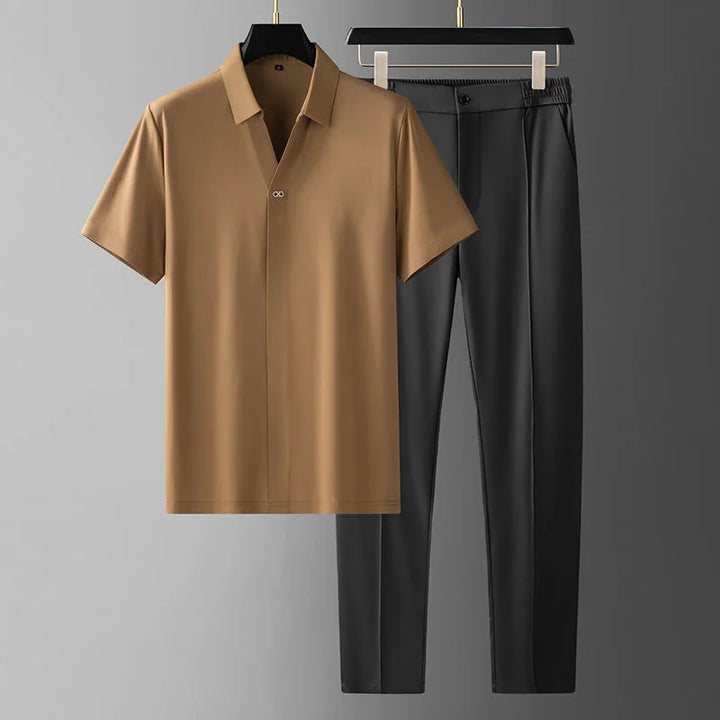 Men's comfortable two-piece outfit featuring a stylish shirt & casual pants. Ideal for business casual wear.