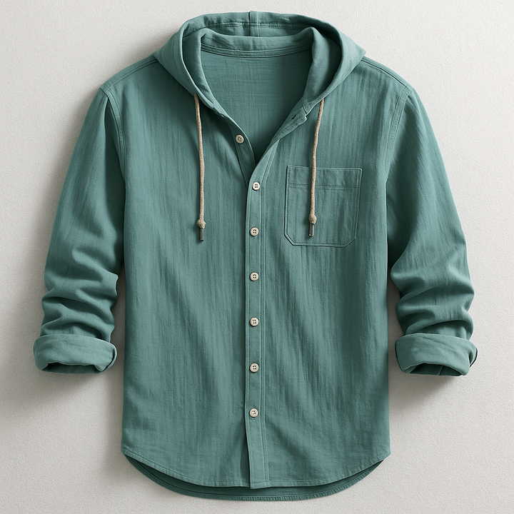 Relaxed fit men's hooded button-up shirt in a casual style with a practical chest pocket.