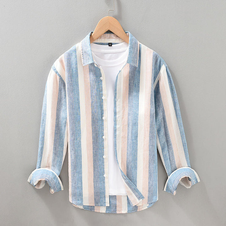 Men's casual khaki striped button-up shirt, long sleeve, perfect for everyday summer and spring fashion.