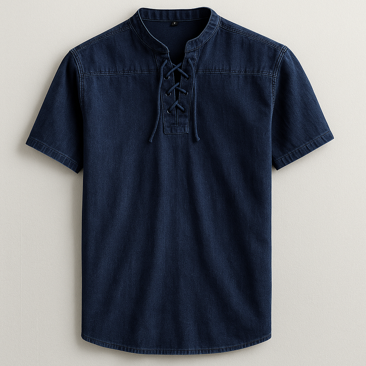 Men's comfortable lace-up henley shirt, showing the fabric texture and band collar. Ideal for casual style.