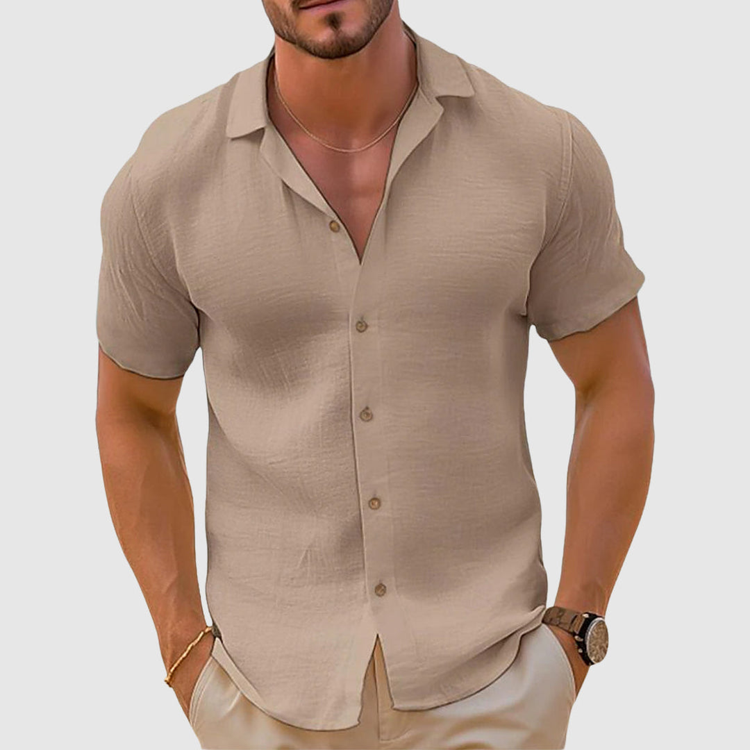 Men's casual linen button-down shirt, long sleeve, relaxed fit for summer comfort & everyday wear.