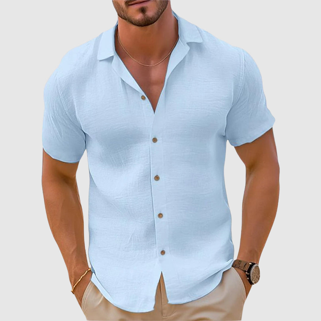 Classic men's collared linen shirt, button-down long sleeve, ideal for casual spring & summer style.
