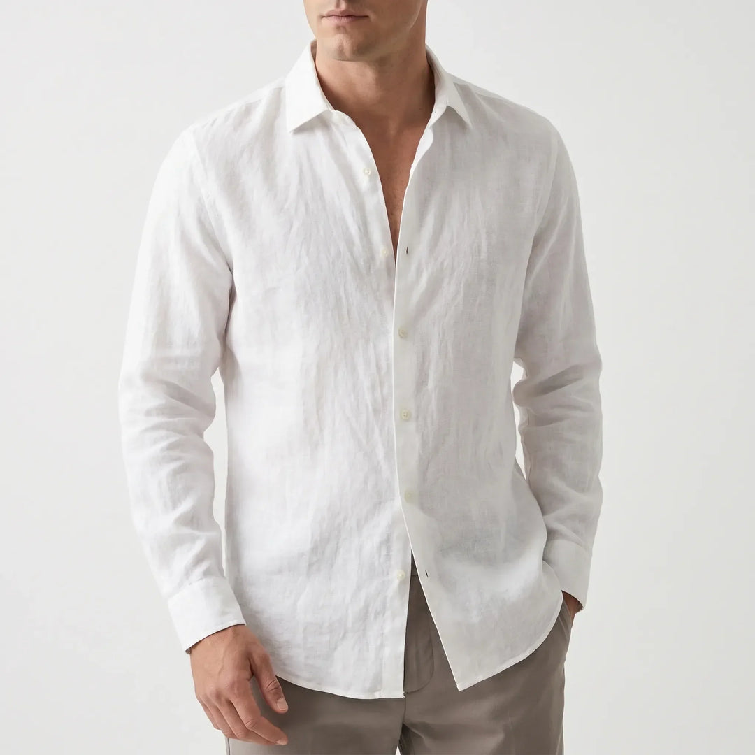 Versatile men's long-sleeve button-up shirt in a solid color, ideal for relaxed casual wear.