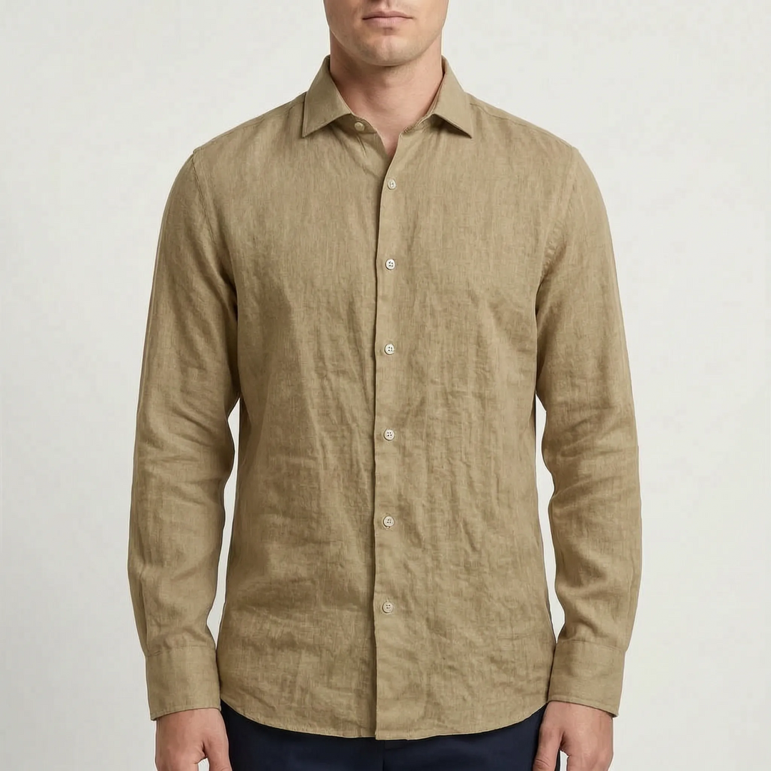 Men's long-sleeve button-up shirt, a versatile casual top for relaxed style and travel wear.