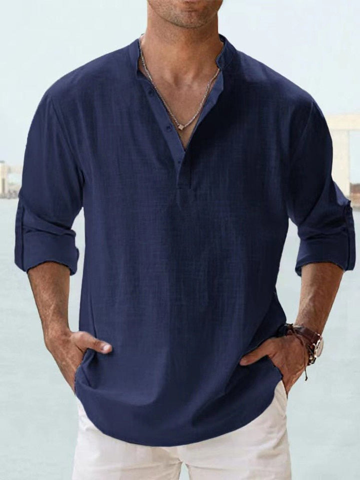 Versatile men's long sleeve casual Henley, features a stylish mandarin collar.