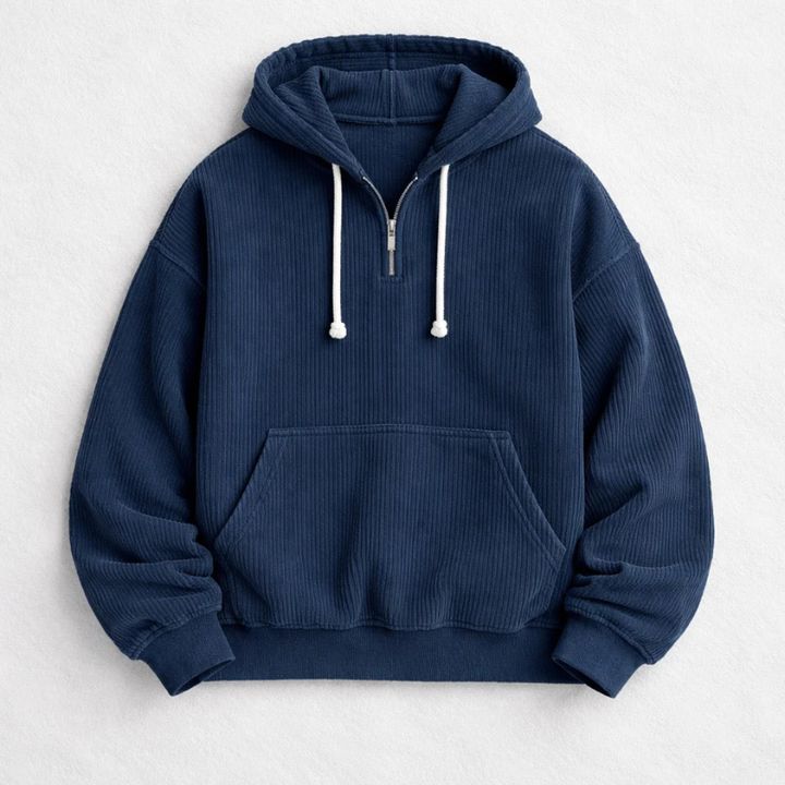 Comfortable men's quarter-zip hoodie for casual wear, a warm pullover perfect for fall and everyday style.