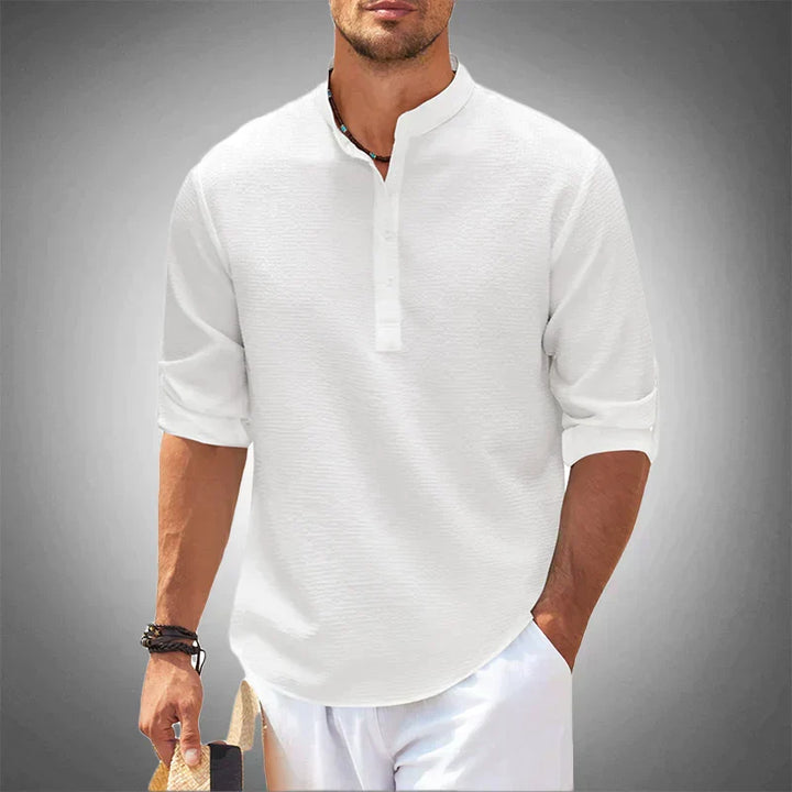 Stylish men's button-up summer shirt, perfect for casual wear, vacation, or warm weather fashion. Lightweight & cool.