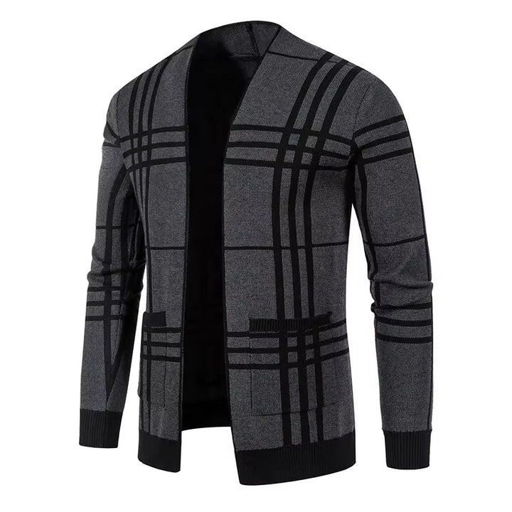 Comfortable men's plaid open-front sweater, a soft and versatile layering cardigan.
