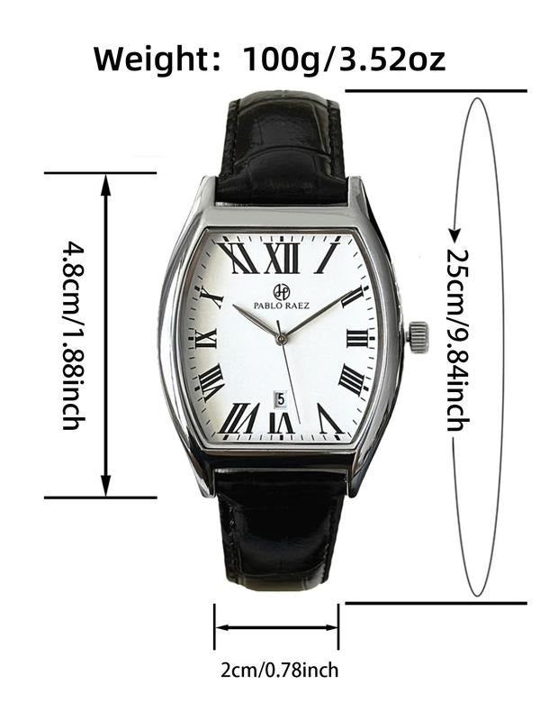 Side view of men's classic dress watch, polished silver case & high-quality black leather strap.