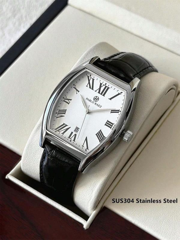 Back view of men's classic analog watch, showing stainless steel case and precise craftsmanship.