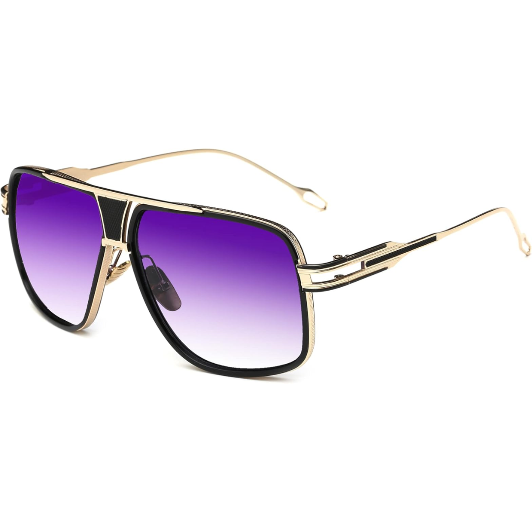 Side view of men's aviator sunglasses, elegant thin metal frame, ensuring superior UV eye protection.