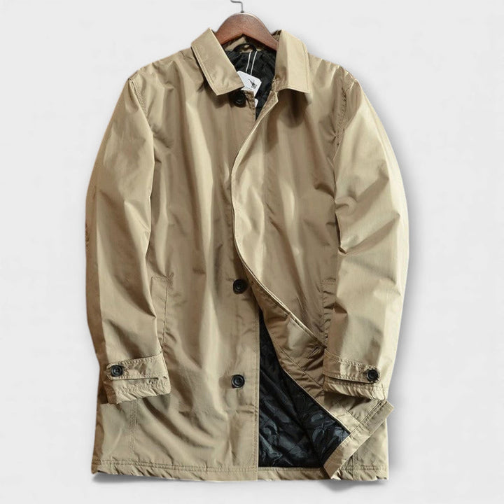 Men's classic beige trench coat, perfect for business casual or fashionable outerwear. Versatile and stylish overcoat.