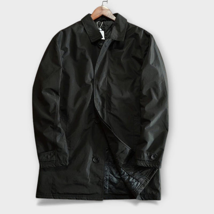 Stylish black men's trench coat, a classic overcoat offering effortless style for business casual attire.