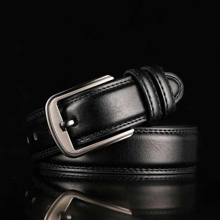 Classic men's red-brown split leather belt with a subtle brushed metal buckle. Ideal for any occasion.
