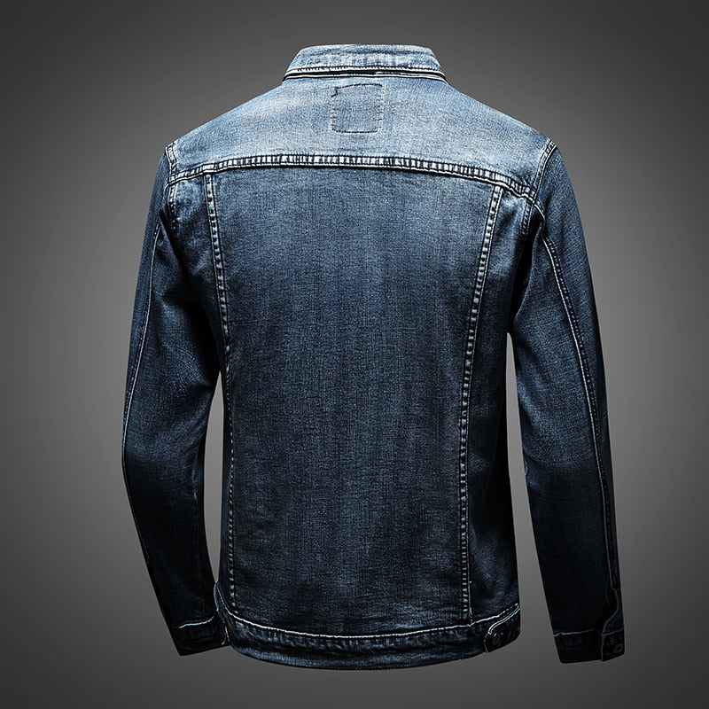 Casual men's blue denim jacket, a versatile layering piece for spring, fall, and everyday wear.