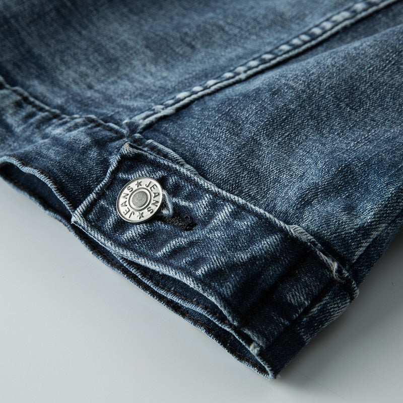 Stylish men's blue denim jacket, an iconic layering piece for modern casual and timeless fashion.