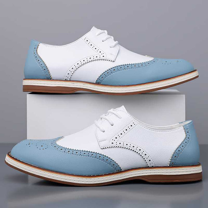 Side view of men's brogue dress shoes, highlighting sleek silhouette, comfortable fit, and quality.