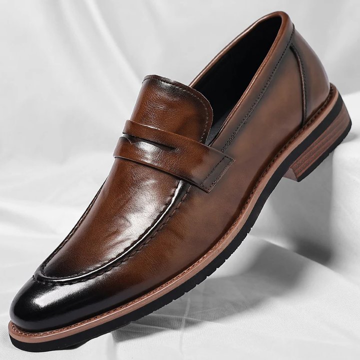 Men's classic brown leather penny loafers, comfortable slip-on dress & casual shoes for professional everyday style.