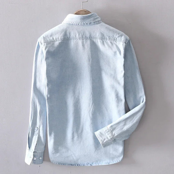 Front view of a men's classic long sleeve button-down shirt, offering a timeless casual fit for everyday style.