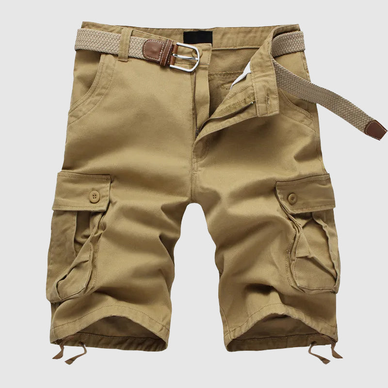 Durable men's outdoor cargo shorts, knee-length, with practical utility pockets for adventure & everyday.